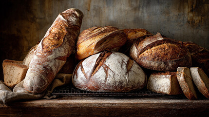 Freshly baked artisanal bread loaves on rustic wooden table