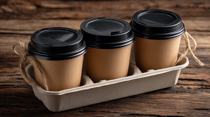 Three coffee cups on a wooden table ready for serving