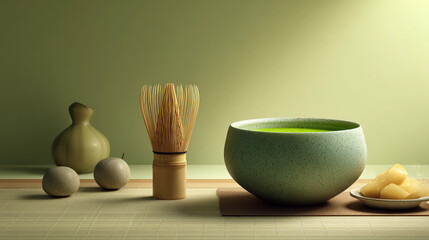 Vibrant matcha preparation with unique utensils in serene setting