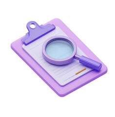 3D icon of a purple clipboard with paper and a magnifying glass.