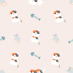 Vector Cute cat seamless pattern,Cartoon Animals Background. Design for textile, fabric, wrapping, wallpaper, print. Vector illustration
