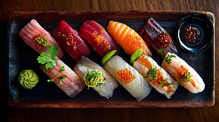 Sushi platter featuring assorted nigiri served on a wooden board
