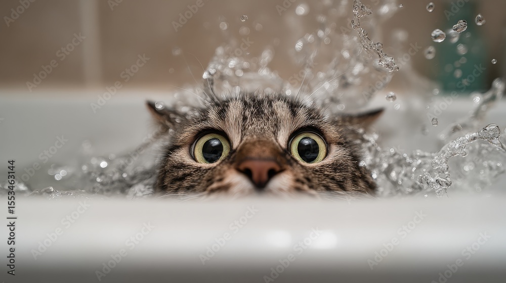 Poster a playful moment captured as a cat tries to escape from a bathtub, with water splashing around and i