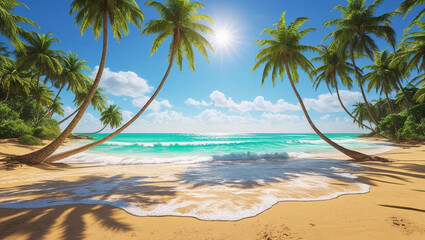Tropical paradise: palm trees sway over the sandy beach, meeting the azure sea under a clear sky