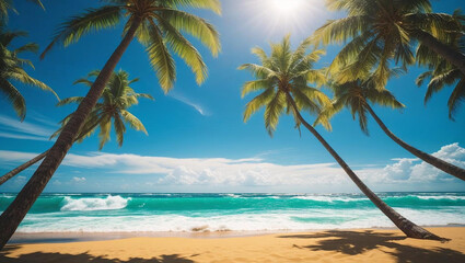 Tropical paradise beach with palm trees, turquoise ocean, and golden sand