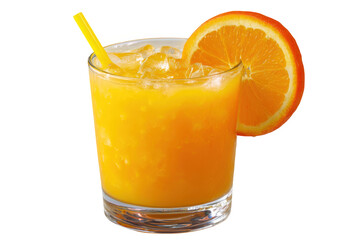 Refreshing orange juice with ice and a slice of orange isolated on transparent background