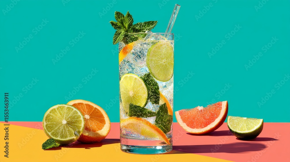 Poster a refreshing sparkling soda served in a tall glass with a straw, garnished with mint leaves and citr