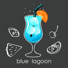 Blue Lagoon cocktail. Summer refreshing drink with ice cubes and orange slice on dark background. Vector illustration.
