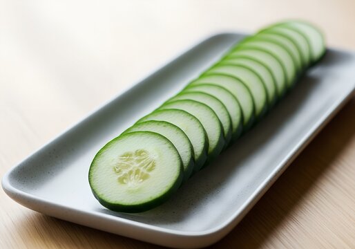 Sliced cucumber on a rectangular plate arranged in a row  
