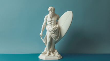 Ancient greek god white sculpture holding surfboard isolated on color background
