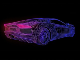 Naklejka premium Futuristic Wireframe Car Model with Neon Light Effect