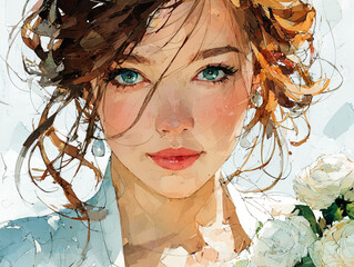 Watercolor Portrait of a Beautiful Woman with Teal Eyes
