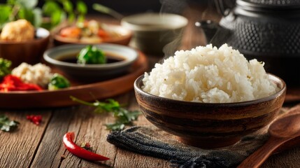 A rustic setting featuring a bowl of hot rice, accompanied by assorted side dishes and a drizzle of soy sauce, all arranged on a wooden surface for a homely feel.