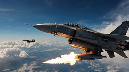 Military Fighter Jet Launching Missiles in Flight Aerial Combat Scene