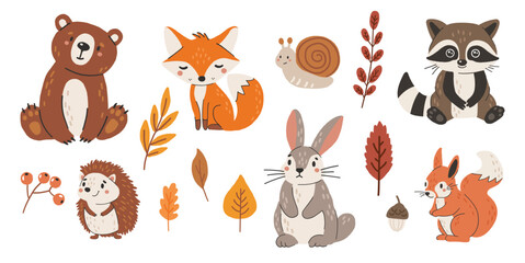 Wild animals set isolated, cute forest animals, kids vector, design for posters, stickers, banners © ElenaVector44