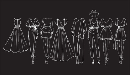 A clean and elegant line-up of fashion sketches presenting a capsule collection or diverse range of women's clothing.