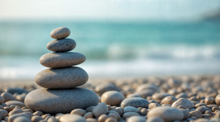 Pyramid stones on the seashore on a sunny day on the blue sea background.