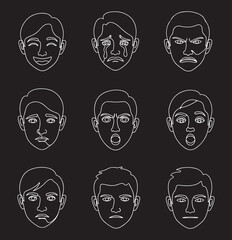  A grid of nine line-art illustrations of male faces, each depicting a distinct emotion like joy, sadness, anger, and surprise.