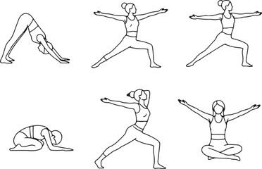 A series of line-art illustrations depicting various active yoga poses, including standing, balancing, and forward bends.