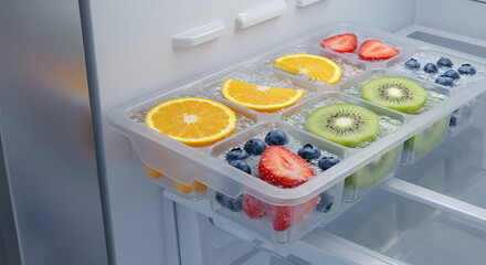Fruit ice cubes with orange strawberry kiwi blueberry