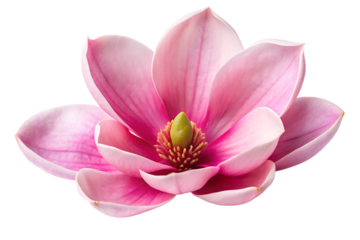 Pink magnolia flower with delicate petals and green center on black background isolated on a transparent background