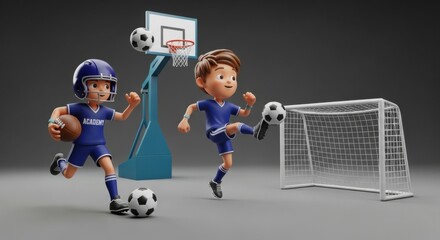 Two young athletes enjoy a playful sports competition with football and soccer equipment