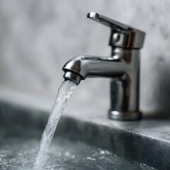 A steady stream of clean water flowing from a chrome faucet in a modern sink
