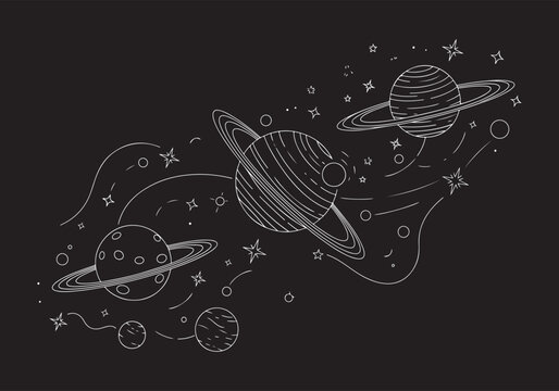 A whimsical line art illustration depicting three ringed planets, stars, and celestial elements in a flowing arrangement