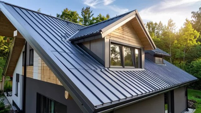 Modern home exterior featuring a gray metal roof and a dormer with wood siding in a residential neighborhood