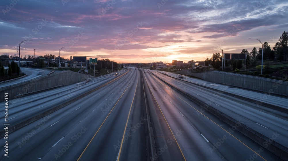 Poster A serene image of an empty expressway during early morning hours, with soft, diffused light and minimal traffic, capturing the calm before the day begins.