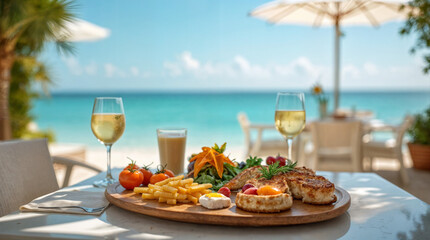Fototapeta premium Luxury breakfast spread on table with a stunning tropical sea view with waves.