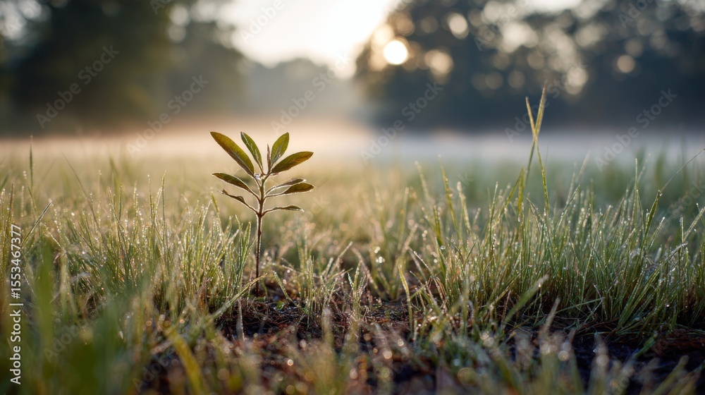 Poster a serene image of a freshly planted sapling in a peaceful meadow, with dew-covered grass and soft mo