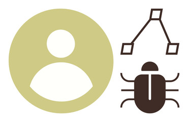User icon, bug graphic for debugging, and algorithm diagram representing coding, problem-solving, and digital interaction. Ideal for technology, programming, cybersecurity, analytics software