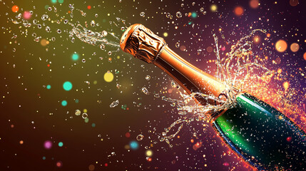 Dynamic vector art showing champagne bottle popping open, sparkling bubbles and cork in mid-air
