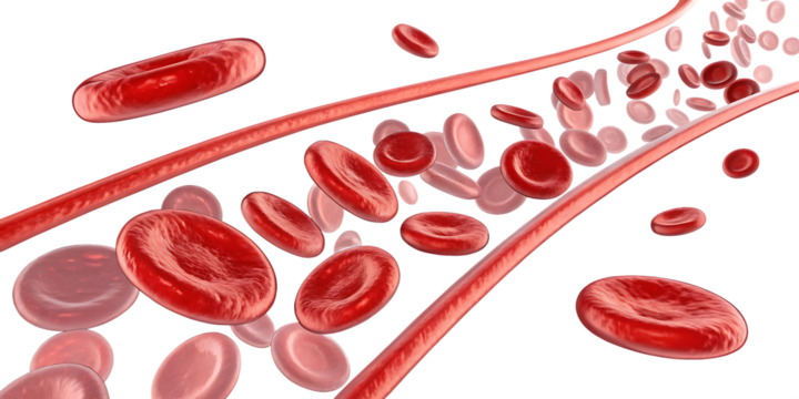 Realistic 3 D rendering of red blood cells flowing through a blood vessel isolated on a transparent background