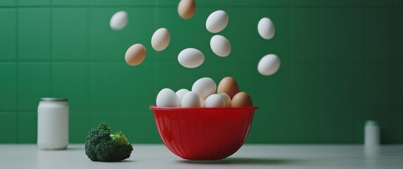 Fresh Eggs and Broccoli in a Bowl with a Green Background
