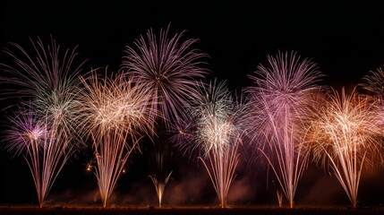 A series of firework trails lighting up the night sky during a fireworks festival, creating stunning patterns of color against the dark backdrop