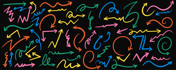 Hand Drawn Colorful Scribble Arrow Set on Black Background Vector Curved Wavy Swirl Sketchy Direction Symbol Illustration