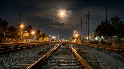 Fototapeta premium A set of railroad tracks at night, illuminated by the glow of streetlights, with the moon shining brightly above