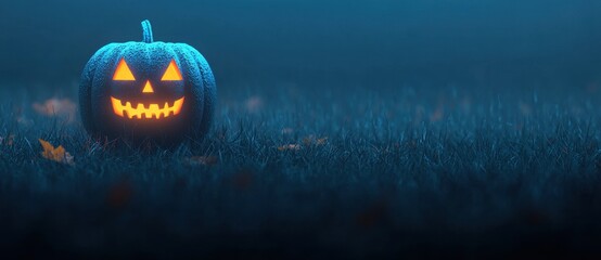 Glowing Pumpkin Lantern on Foggy Grass Field at Night Inspiration