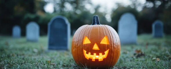 Spooky Halloween Pumpkin Lantern Glowing in Graveyard at Dusk