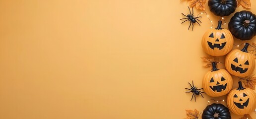Spooky Halloween Decorations with Jack-o'-Lanterns and Spiders