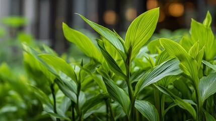 Fototapeta premium A serene image of turmeric plants growing in a lush garden, with large green leaves framing the scene, showcasing the natural beauty of this spice