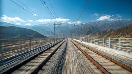 A shot of the high-speed train's tracks stretching into the distance, framed by scenic mountains and clear skies, symbolizing modern travel.