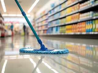 A blue microfiber mop cleaning a supermarket floor.