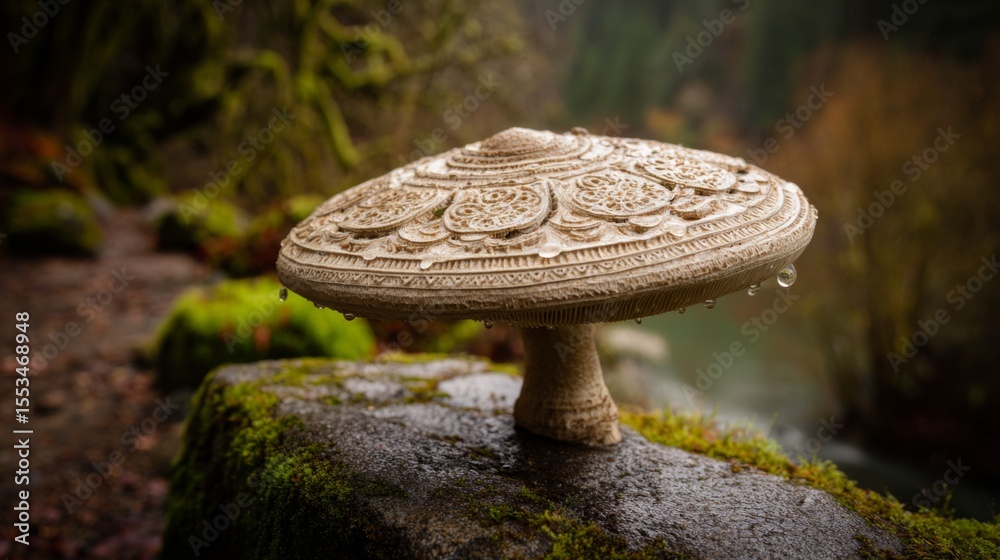 Aufkleber A single large mushroom with intricate patterns on its cap, adorned with droplets of water, placed on a mossy stone in a serene forest setting