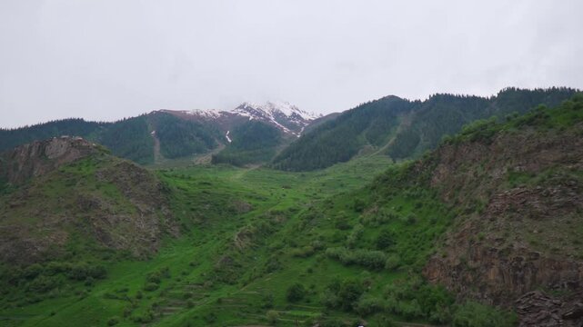 Scenic view of green Himalayas with snowy mountain peaks during the summer season as seen on the way towards Udaipur near Triloknath village in Pattan Valley, Himachal Pradesh, India. Scenic Himalayas