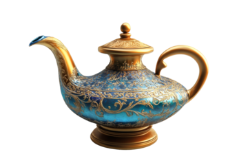 Enchanting Ornate Magic Lamp with Golden Accents and Blue Patina, Evoking Tales of Wishes and Ancient Folklore
