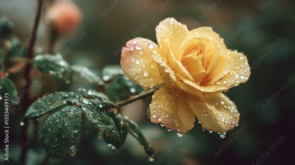 Poster a soft-focus image of a yellow rose in the rain, with water droplets collecting on the petals and le