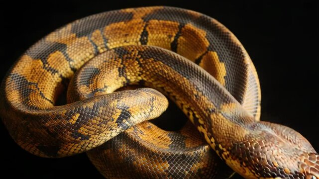 A close-up shot of a snake on a black background